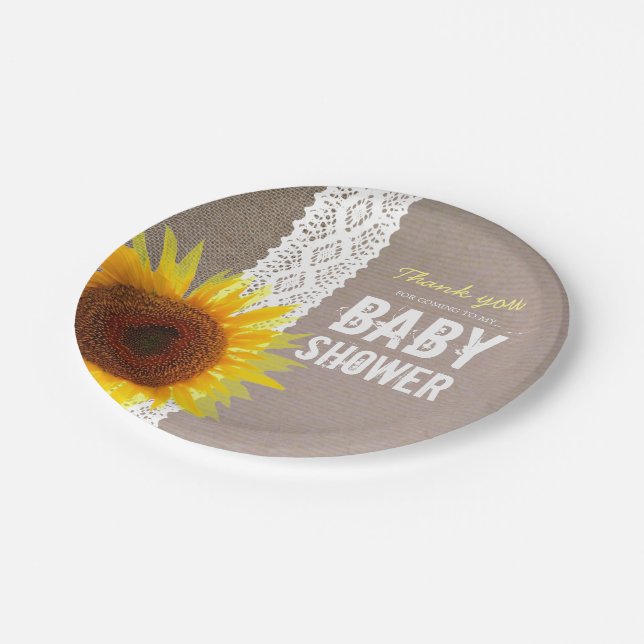 Sunflower Burlap & Crochet Lace Baby Shower Paper Plates (Angled)