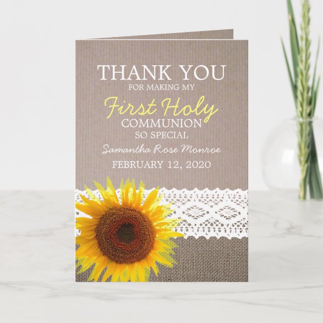 Sunflower Burlap, First Holy Communion Thank You Card (Front)