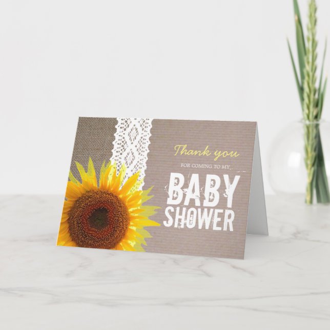 Sunflower Burlap & Lace Baby Shower Thank You Card (Front)