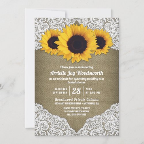 Sunflower Burlap Lace Bridal Shower Invitations