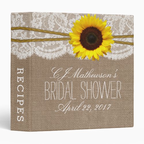 Sunflower Burlap  Lace Bridal Shower Recipe Binder