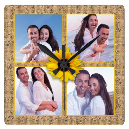 Sunflower Burlap Lace Instagram Photo Collage Square Wall Clock