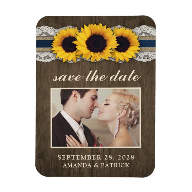 Sunflower Burlap Lace Photo Save the Date Magnets (Vertical)