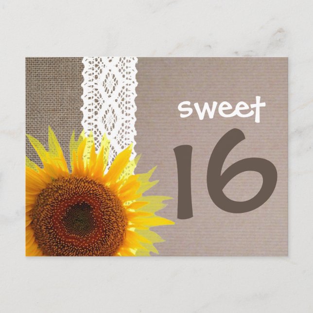 Sunflower Burlap & Lace Sweet 16 Birthday Invite (Front)