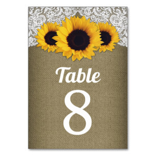 Sunflower Burlap Lace Wedding Table Number Cards