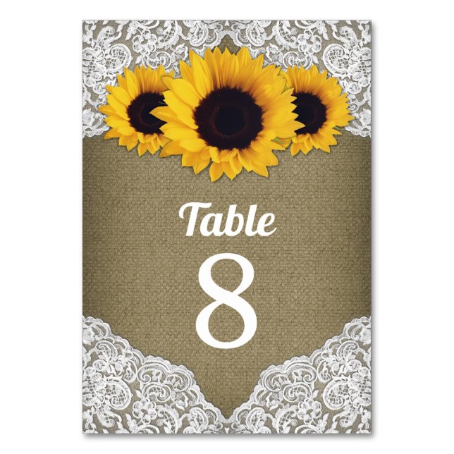 Sunflower Burlap Lace Wedding Table Number Cards (Front)