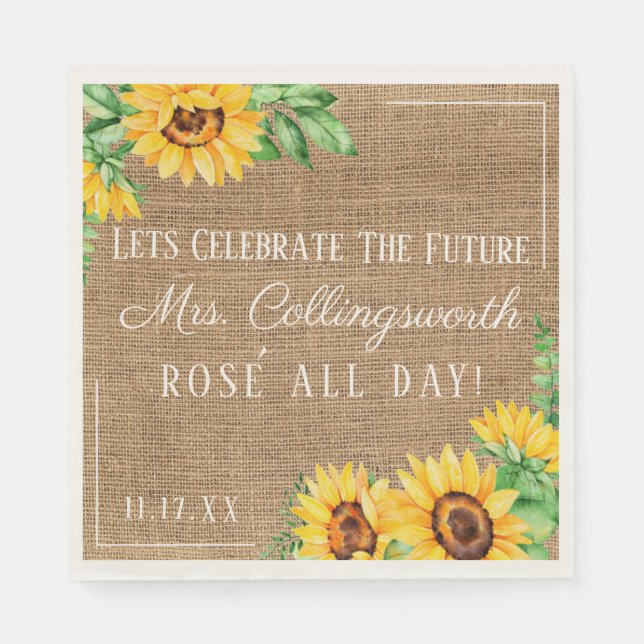 Sunflower Burlap Look Rustic Wedding Bridal Shower Paper Napkins (Front)