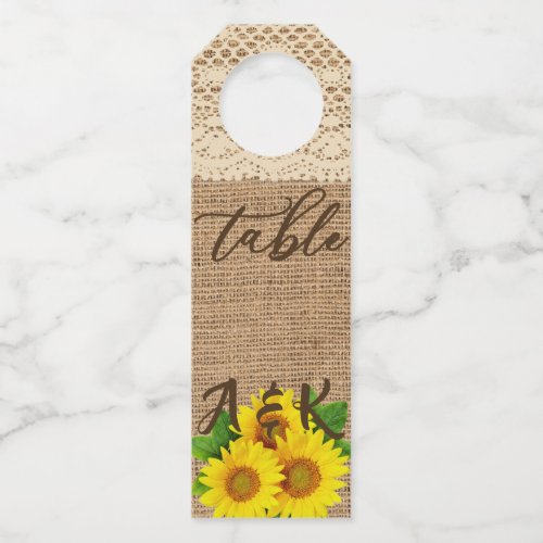 Sunflower Burlap Look Rustic Wedding Table Number Bottle Hanger Tag