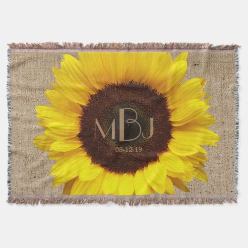 Sunflower Burlap Monogrammed Wedding Gift Throw Blanket