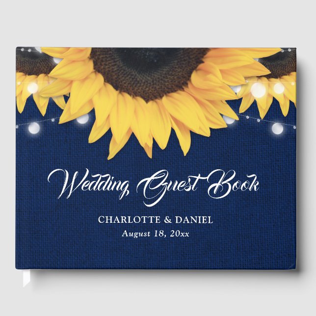 Sunflower Burlap String Lights Navy Blue Wedding Guest Book (Front)