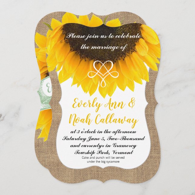 Sunflower Burlap Typography Wedding Invitation (Front/Back)