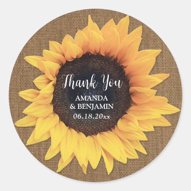 Sunflower Burlap Wedding Thank You Classic Round Sticker (Front)