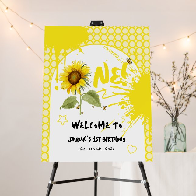 Sunflower & Butterflies 1st Birthday Welcome Sign (In Situ (Stand))
