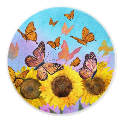 Sunflower Butterflies Flower Pattern Floral Design Ceramic Knob