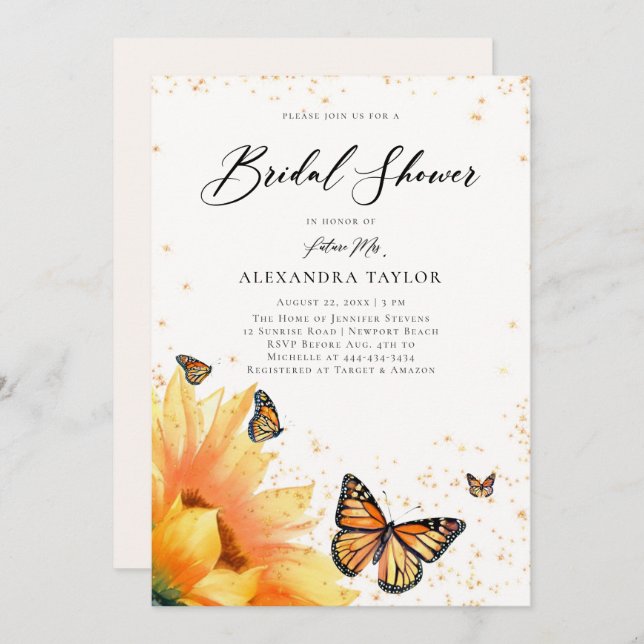 Sunflower Butterflies Gold Rustic Bridal Shower Invitation (Front/Back)