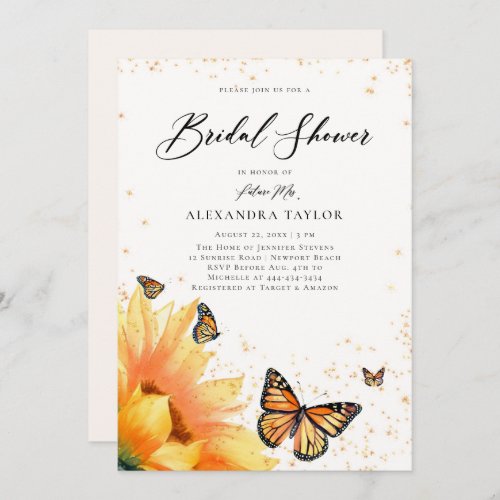 Sunflower Butterflies Gold Rustic Bridal Shower Invitation
