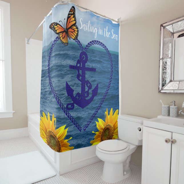 Sunflower Butterfly Anchor Shower Curtain (In Situ)