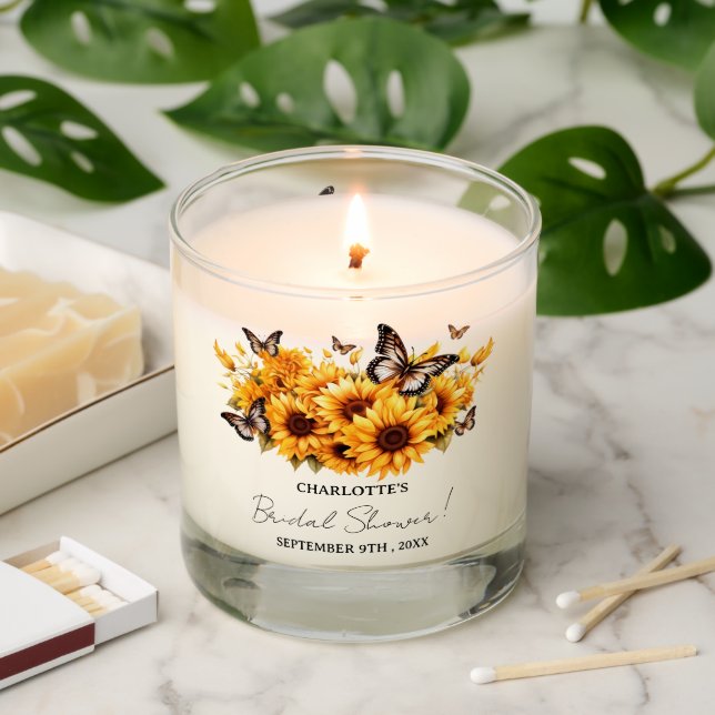 Sunflower & Butterfly Bridal Shower Favor Scented Candle (Lit)