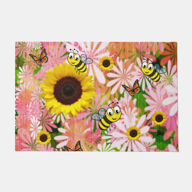 Sunflower Butterfly Bumblebee  Door Mat (Front)