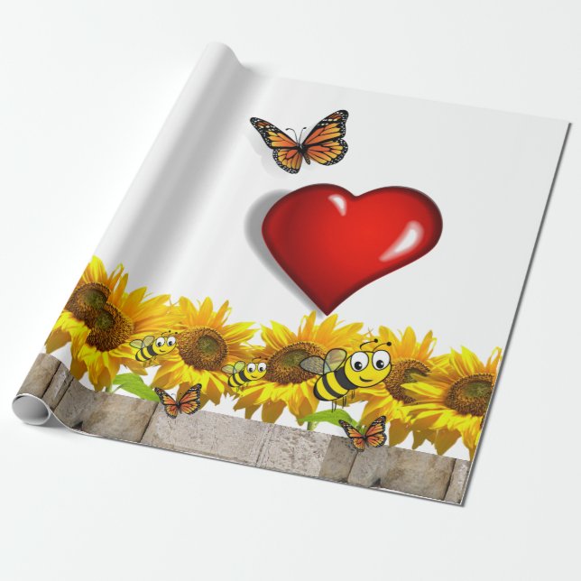 Sunflower Butterfly Bumblebee Matte Wrapping Paper (Unrolled)