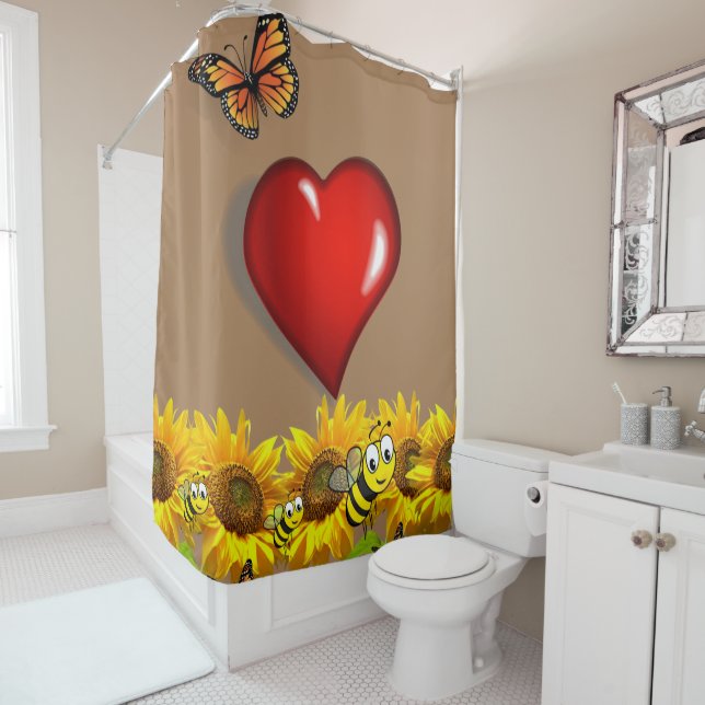 Sunflower Butterfly Bumblebee Shower Curtain (In Situ)