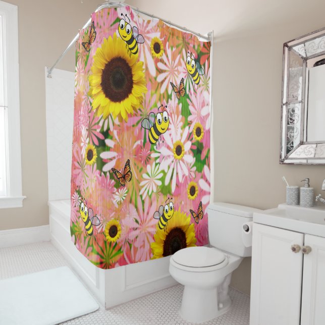 Sunflower Butterfly Bumblebee Shower Curtain (In Situ)