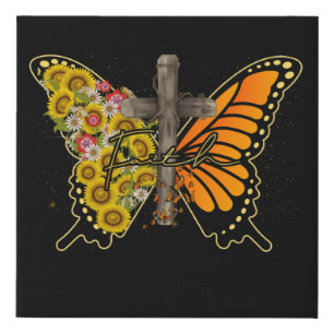 Sunflower Butterfly Faithcross Christian Faux Canvas Print