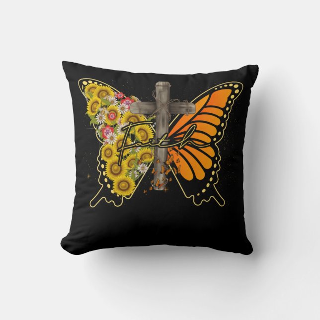Sunflower Butterfly Faithcross Christian Throw Pillow (Front)