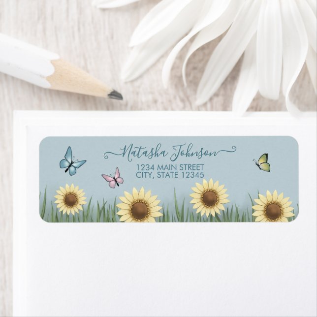 Sunflower Butterfly Floral Return Address Label (Insitu)