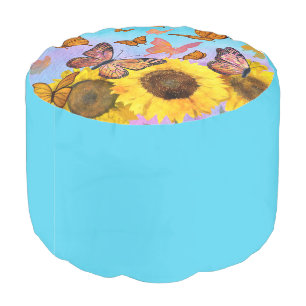 Sunflower Butterfly Garden Floral Blue  Pouf