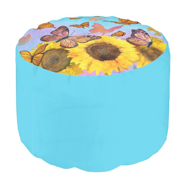 Sunflower Butterfly Garden Floral Blue  Pouf (Angled Back)