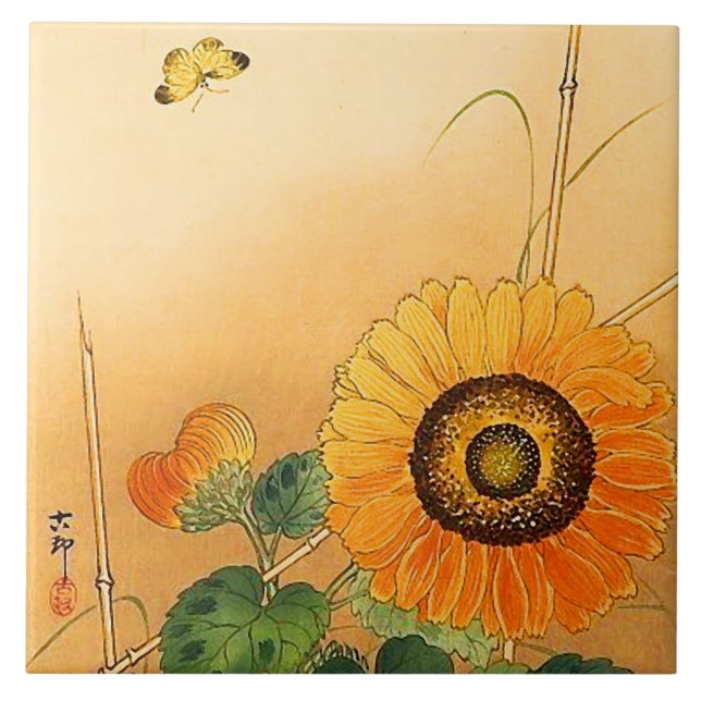SUNFLOWER ,BUTTERFLY,GREEN LEAVES Japanese Floral Ceramic Tile (Front)