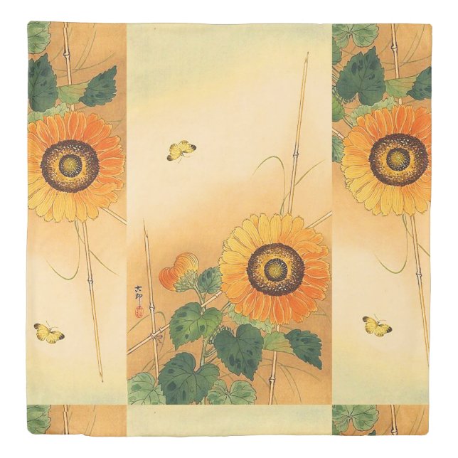SUNFLOWER ,BUTTERFLY,GREEN LEAVES Japanese Floral Duvet Cover (Front)