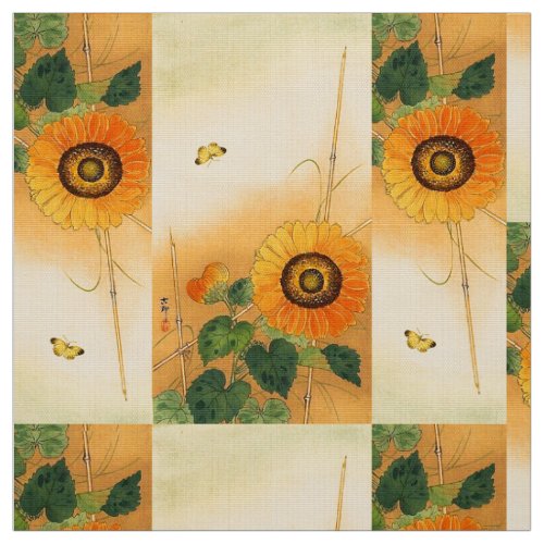 SUNFLOWER BUTTERFLYGREEN LEAVES Japanese Floral Fabric