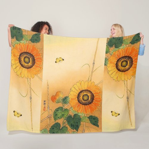 SUNFLOWER BUTTERFLYGREEN LEAVES Japanese Floral Fleece Blanket