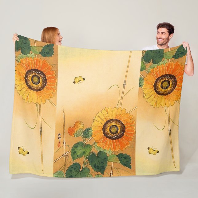 SUNFLOWER ,BUTTERFLY,GREEN LEAVES Japanese Floral Fleece Blanket (In Situ)
