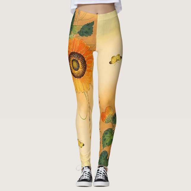 SUNFLOWER ,BUTTERFLY,GREEN LEAVES Japanese Floral Leggings (Front)