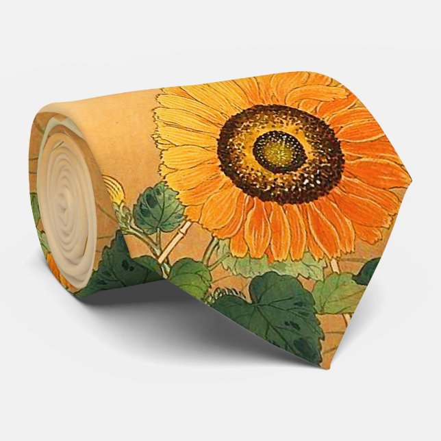SUNFLOWER ,BUTTERFLY,GREEN LEAVES Japanese Floral Neck Tie (Rolled)