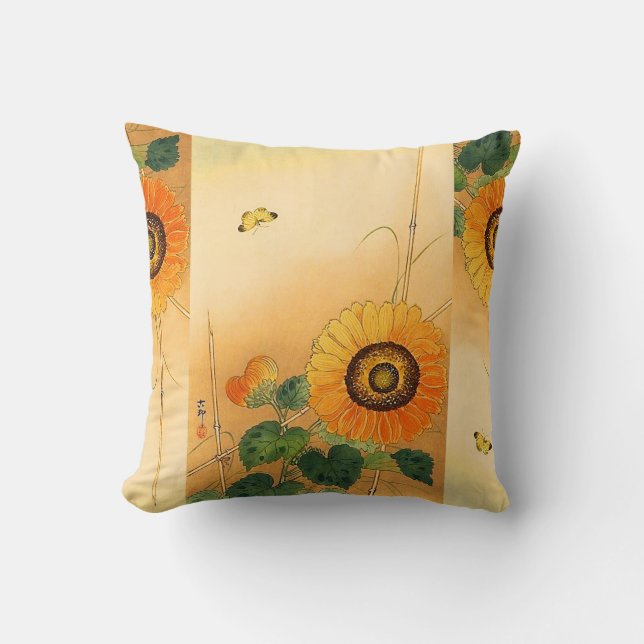 SUNFLOWER ,BUTTERFLY,GREEN LEAVES Japanese Floral Throw Pillow (Front)