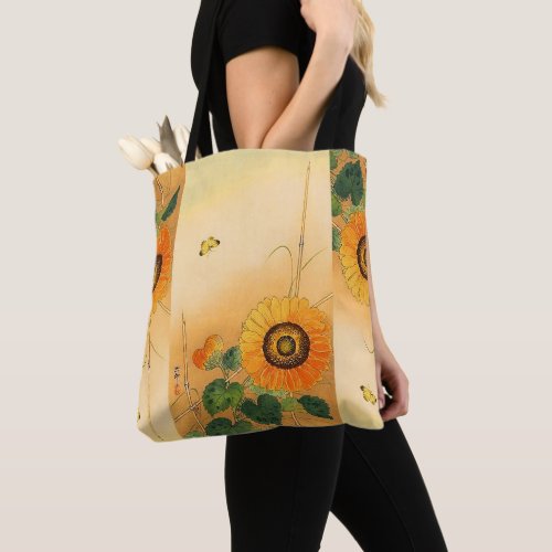 SUNFLOWER BUTTERFLYGREEN LEAVES Japanese Floral Tote Bag