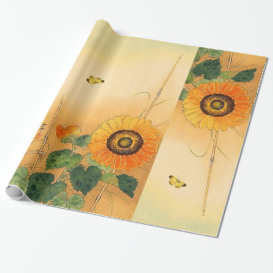 SUNFLOWER ,BUTTERFLY,GREEN LEAVES Japanese Floral Wrapping Paper