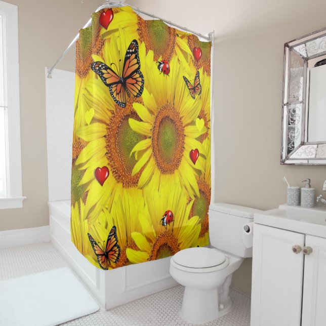 Sunflower Butterfly Lady Bug Shower Curtain (In Situ)