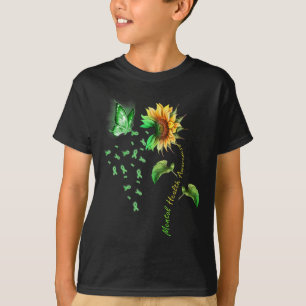 Sunflower Butterfly Ribbon Green Mental Health Awa T-Shirt