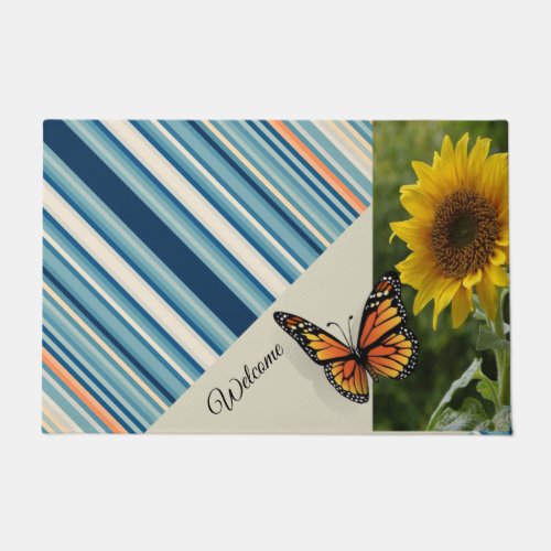 Sunflower Butterfly Stripe  Door Mat