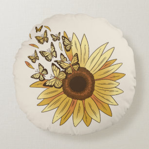 Sunflower Butterfly Transformation Round Pillow