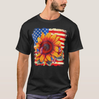 Sunflower Butterfly Usa Flag America V-Neck T-Shirt