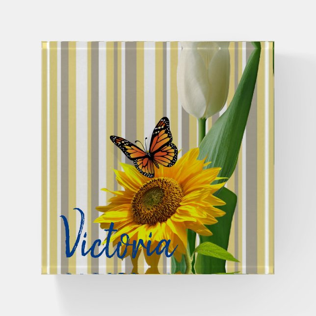 Sunflower Butterfly White Tulip Paperweight (Front)