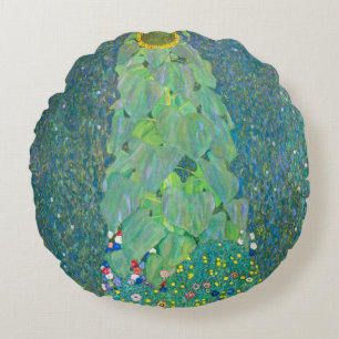 Sunflower by Klimt, Vintage Flowers Art Nouveau Round Pillow