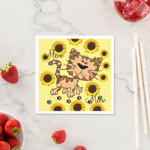 Sunflower Cat Kitten Paper Napkins