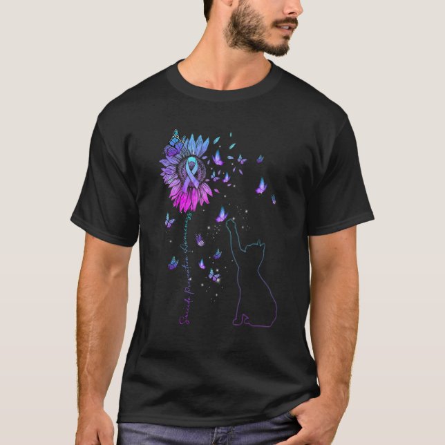 Sunflower Cat Teal & Purple Ribbon Suicide Awarene T-Shirt (Front)